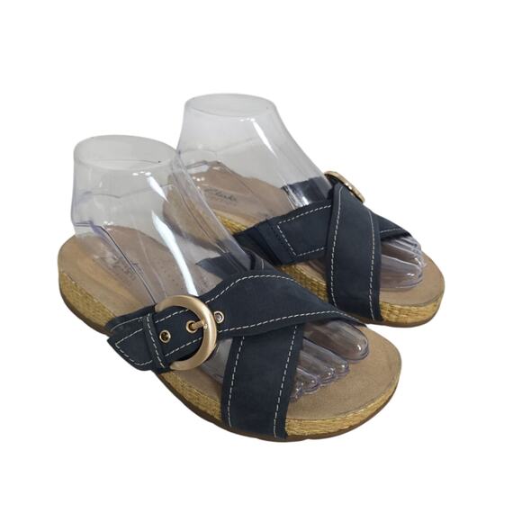 Clarks Collection Womens Reileigh May Slide Sandals Size 7 M Blue‎ Nubuck Buckle - Picture 1 of 7